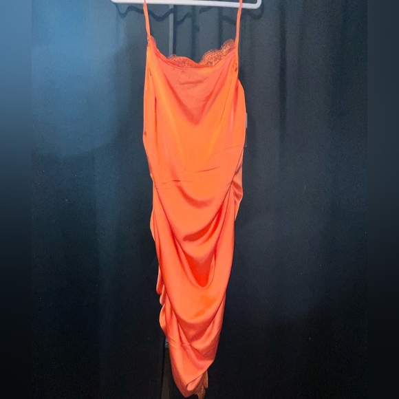 Orange Satin Plunge Ruched Midaxi Dress NWT - Picture 2 of 6